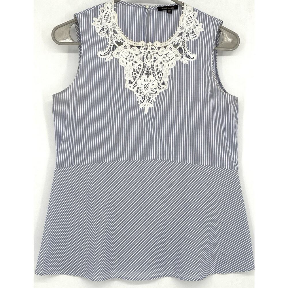 Massimo Dutti Blue Wht Stripe Lace Bib Sz 4 Eu 38 Slvls Peplum Keyhole Textured
